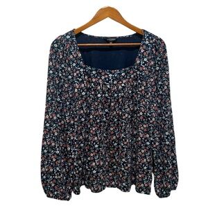 Lucky Brand Blouse Size Large Navy Floral Square Neck Babydoll Ditsy 7WC6033